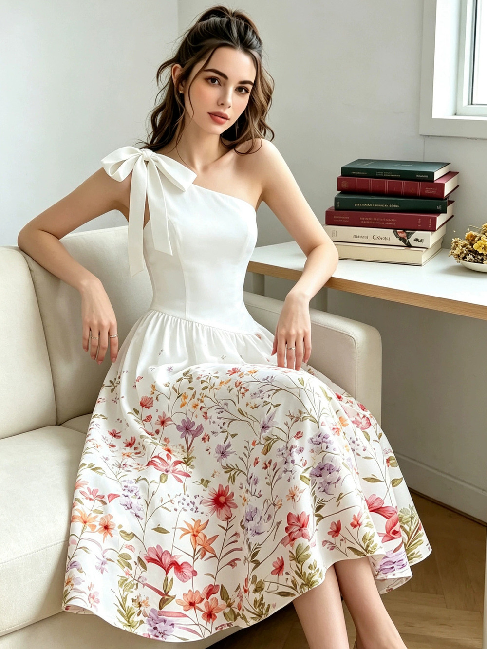 Zara Floral One Shoulder Bow Flared Midi Dress Four Way Stretch